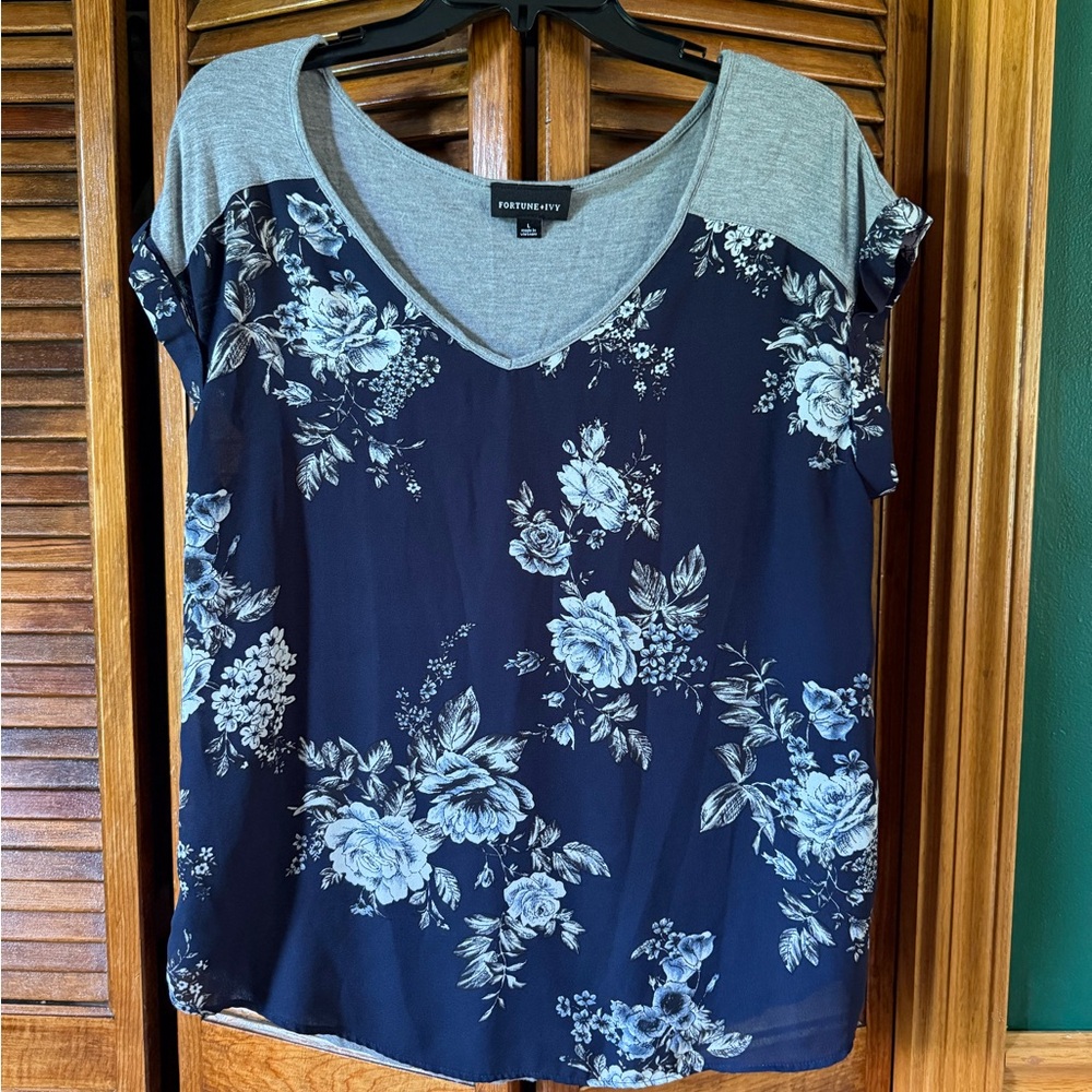 Chic Gray and Blue Blouse Elegant Top